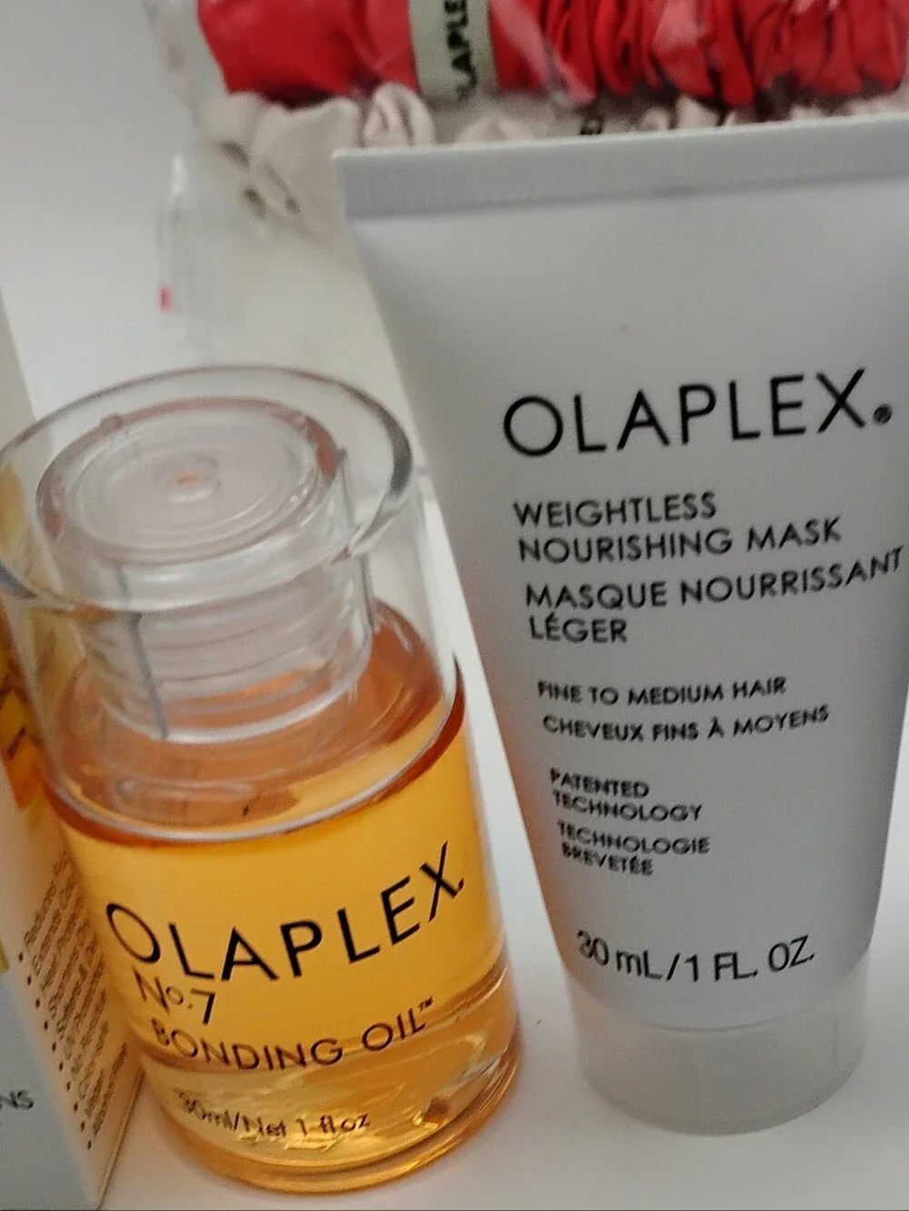 Olaplex Set with No.7 Bonding Oil & Nourishing  Mask, & 3 Piece Silk Hair Ties